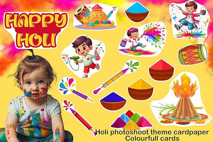 Child with colorful face paint against a Holi-themed card with illustrations and text.