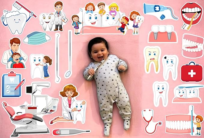Baby lying on a pink background with dental-themed illustrations