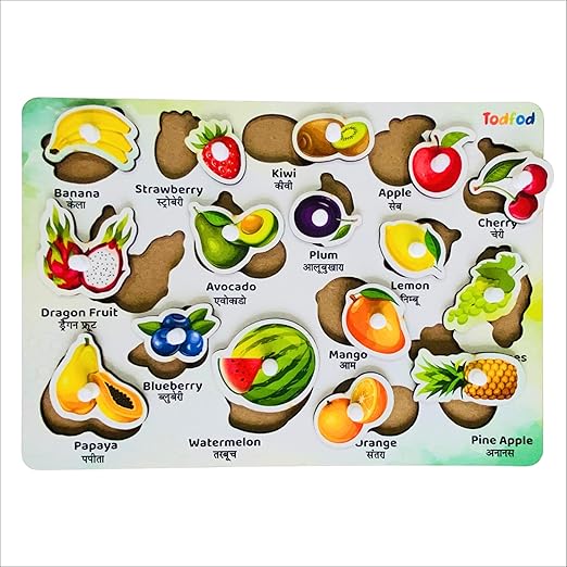 Fruit-themed educational puzzle with colorful illustrations on a white background