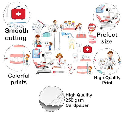 Illustrations of medical and dental-themed items with text on quality and features.