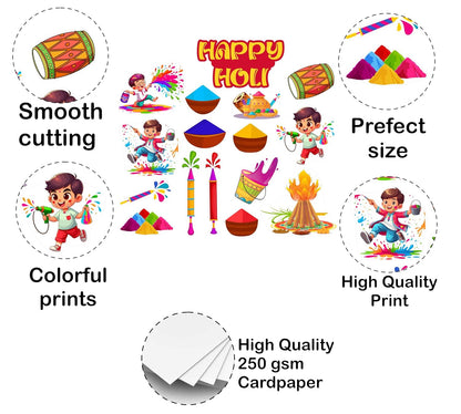 Promotional image of Holi-themed products with text highlighting features like smooth cutting, perfect size, colorful prints, and high-quality print on 250 gsm cardpaper.