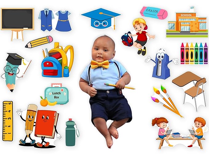 Child surrounded by educational-themed illustrations including a chalkboard, backpack, and classroom elements.