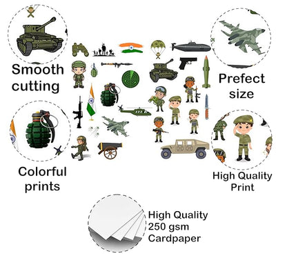 Collection of military-themed stickers with text highlighting features on a white background