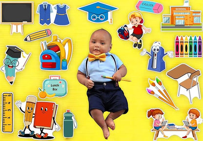 Child surrounded by educational illustrations on a yellow background
