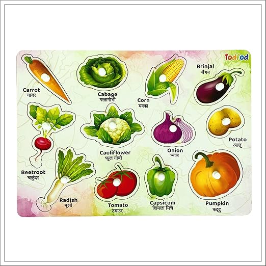 Educational vegetable chart with illustrations and names in English and Hindi.