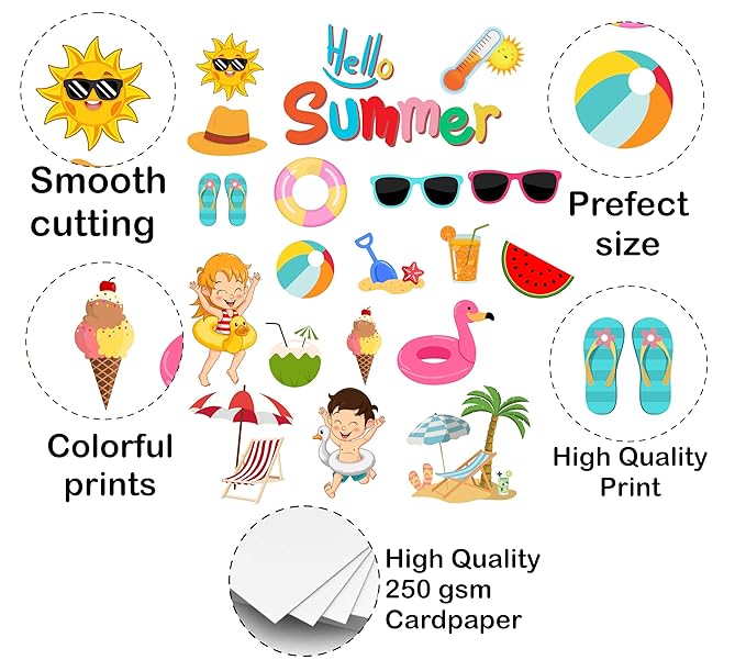 Collection of summer-themed stickers with text highlighting features like 'Smooth cutting', 'Colorful prints', 'High Quality Print', and '250 gsm Cardpaper'.