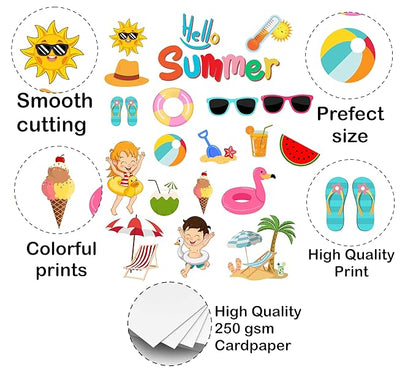 Collection of summer-themed stickers with text highlighting features like 'Smooth cutting', 'Colorful prints', 'High Quality Print', and '250 gsm Cardpaper'.