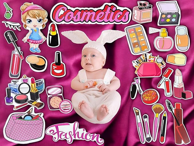 Baby surrounded by cosmetic items and fashion accessories on a pink background