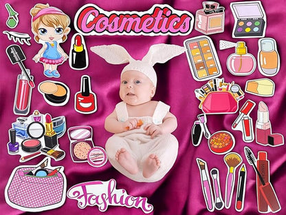 Baby surrounded by cosmetic items and fashion accessories on a pink background