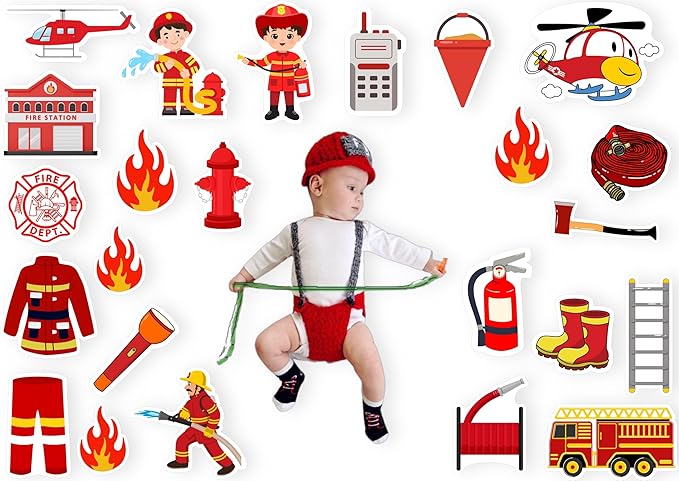 Child in firefighter costume surrounded by fire-themed stickers on a white background