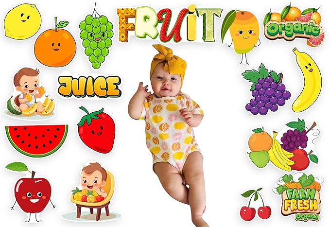Baby in a yellow outfit surrounded by cartoon fruits and 'Fruit Organic' text