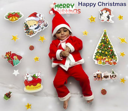 Child in Santa Claus outfit surrounded by Christmas-themed decorations on a light gray background