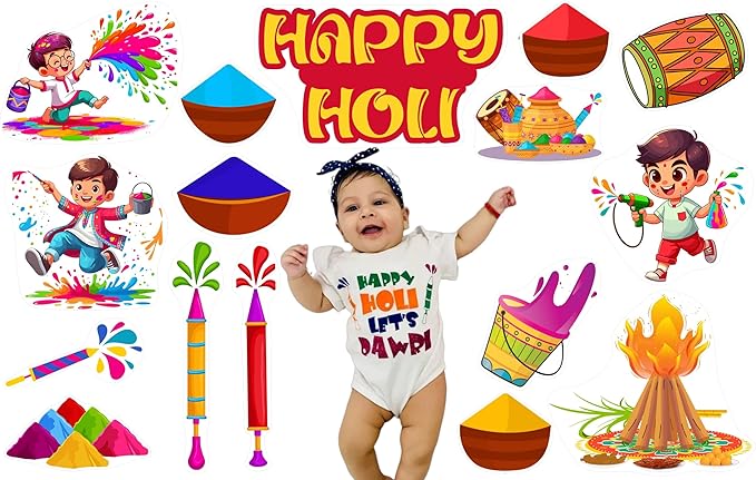Baby in a 'Happy Holi Let's Dabba' onesie surrounded by Holi-themed illustrations and objects.