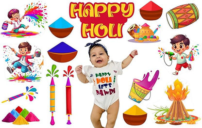 Baby in a 'Happy Holi Let's Dabba' onesie surrounded by Holi-themed illustrations and objects.