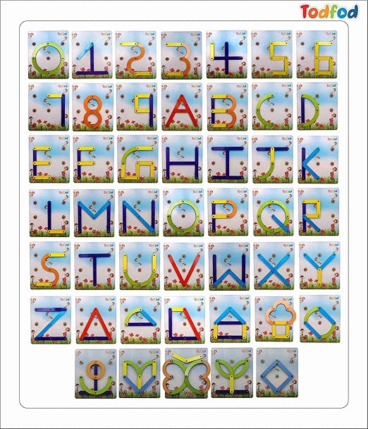 Colorful alphabet and number tiles with a grassy field and flowers background, branded 'Todfod'.