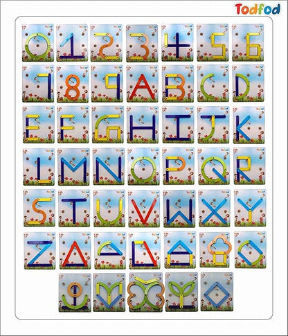 Colorful alphabet and number tiles with a grassy field and flowers background, branded 'Todfod'.