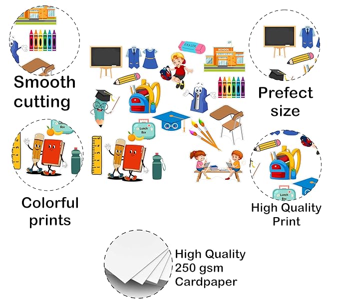 Illustrations of school supplies with text highlighting features like smooth cutting, perfect size, colorful prints, and high-quality print on 250 gsm cardpaper.