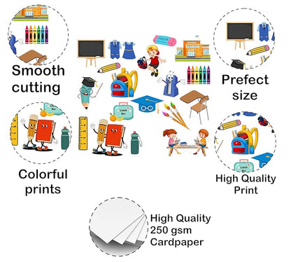 Illustrations of school supplies with text highlighting features like smooth cutting, perfect size, colorful prints, and high-quality print on 250 gsm cardpaper.