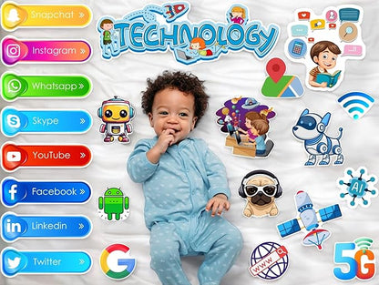 Baby lying on a bed surrounded by technology-themed illustrations and icons.