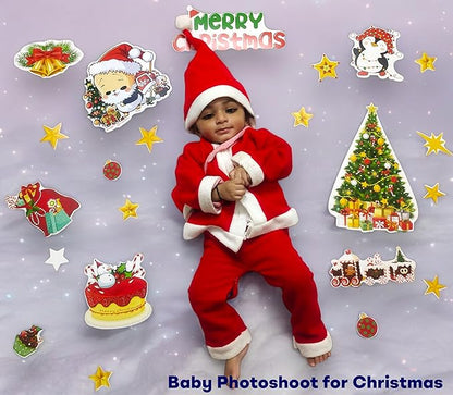 Child in Santa Claus outfit with Christmas-themed decorations on a gray background