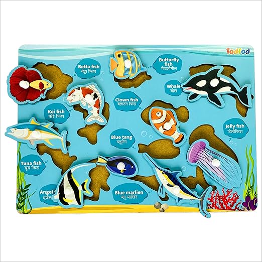 Toy set with various sea animals on a blue background
