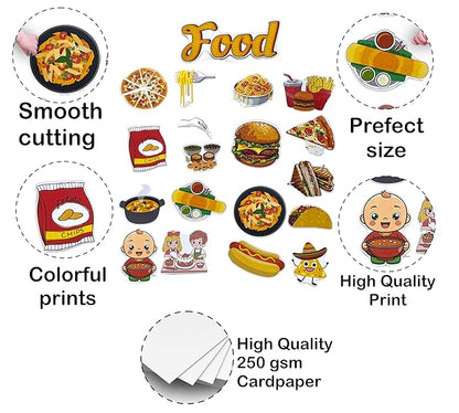 Illustrations of food items with text describing features on a white background