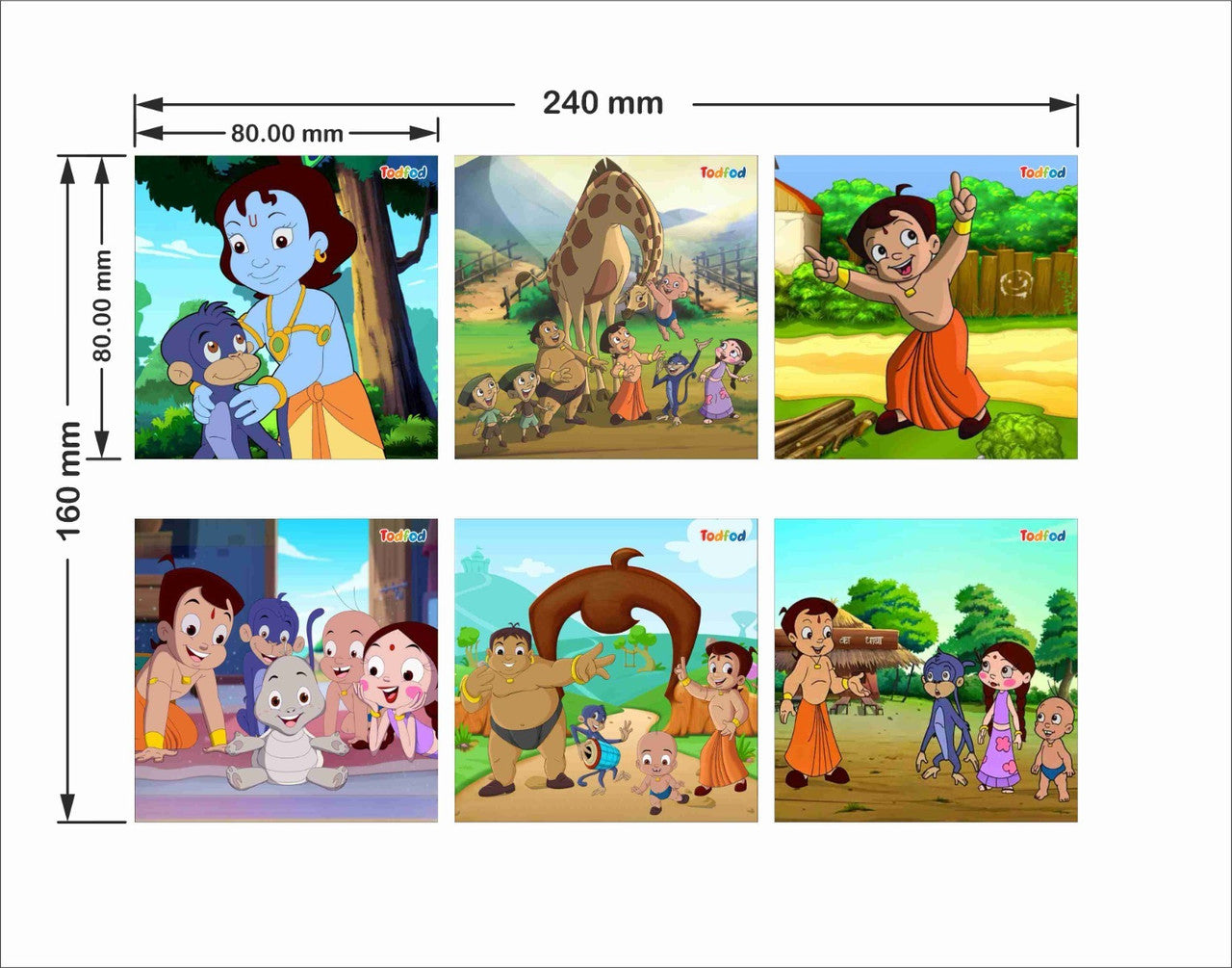 Cartoon character wall stickers with dimensions on a white background