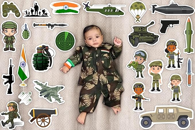 Baby in a camouflage outfit surrounded by military-themed stickers on a beige background