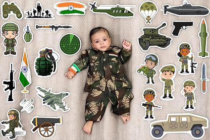 Baby in a camouflage outfit surrounded by military-themed stickers on a beige background