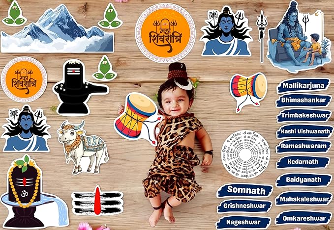 Child in leopard print outfit surrounded by religious stickers on a wooden background