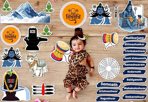 Child in leopard print outfit surrounded by religious stickers on a wooden background