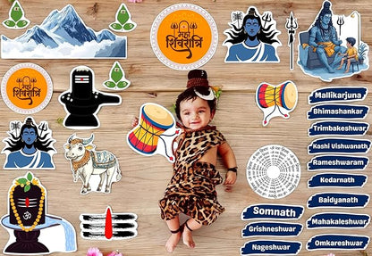 Child in leopard print outfit surrounded by religious stickers on a wooden background