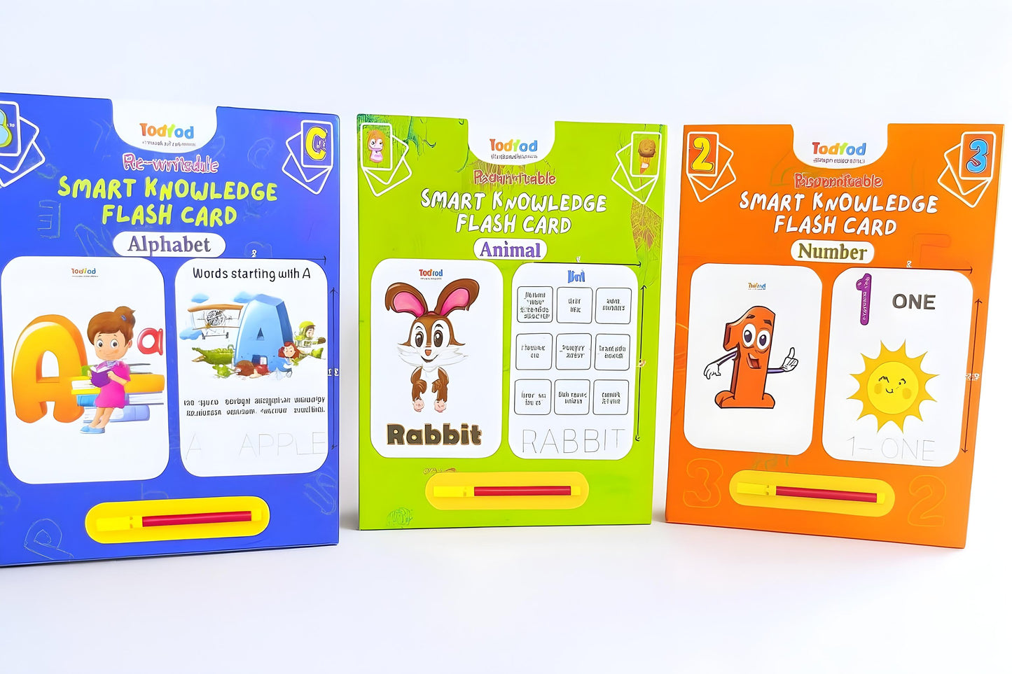 Todfod Re-writable Smart Knowledge Flash Cards for Kids, Educational Early Learning Toy for Toddlers, Preschool, Nursery, and Kindergarten (Alphabets, Numbers & Animals)