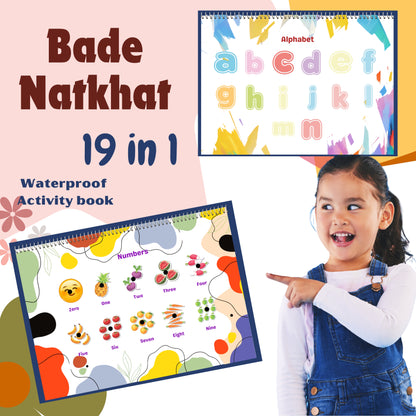 19-in-1 waterproof activity book with alphabet and numbers for children, featuring a child pointing at the book.