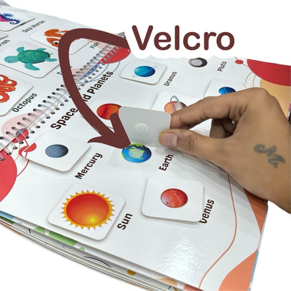 Hand interacting with educational cards featuring planets, with 'Velcro' branding visible.