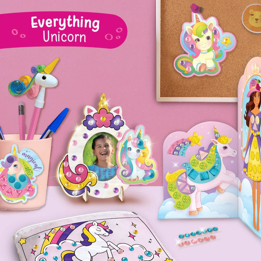 Unicorn-themed stationery items on a pink background with 'Everything Unicorn' text.
