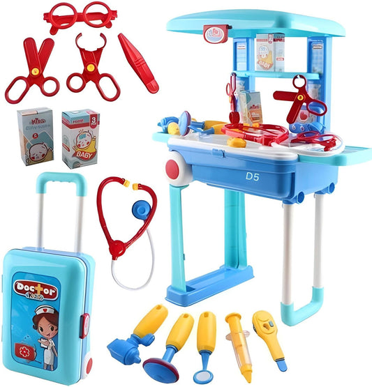 Todfod Doctor Set Trolley for Kids with LED Light Instruments, Pretend Play Doctor Set Trolley for Kids Above 3 Years, Doctor Kit for Boys & Girls, BIS Approved. (Blue Trolley)