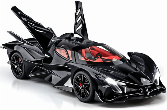 Black futuristic sports car with red interior on a white background