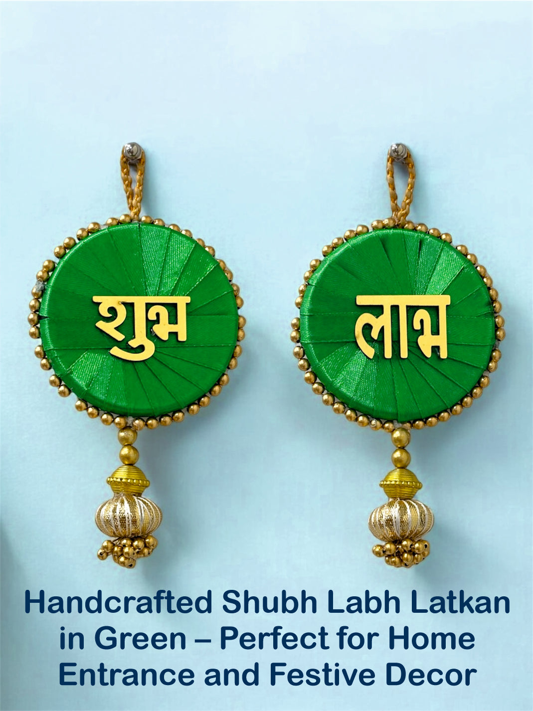 Smaran Cultural Shubh Labh Latkan – Handmade Traditional Decorative Hanging with Green & Gold Beads for Main Door, Wall, Pooja Room, Mandir, Festivals, Weddings