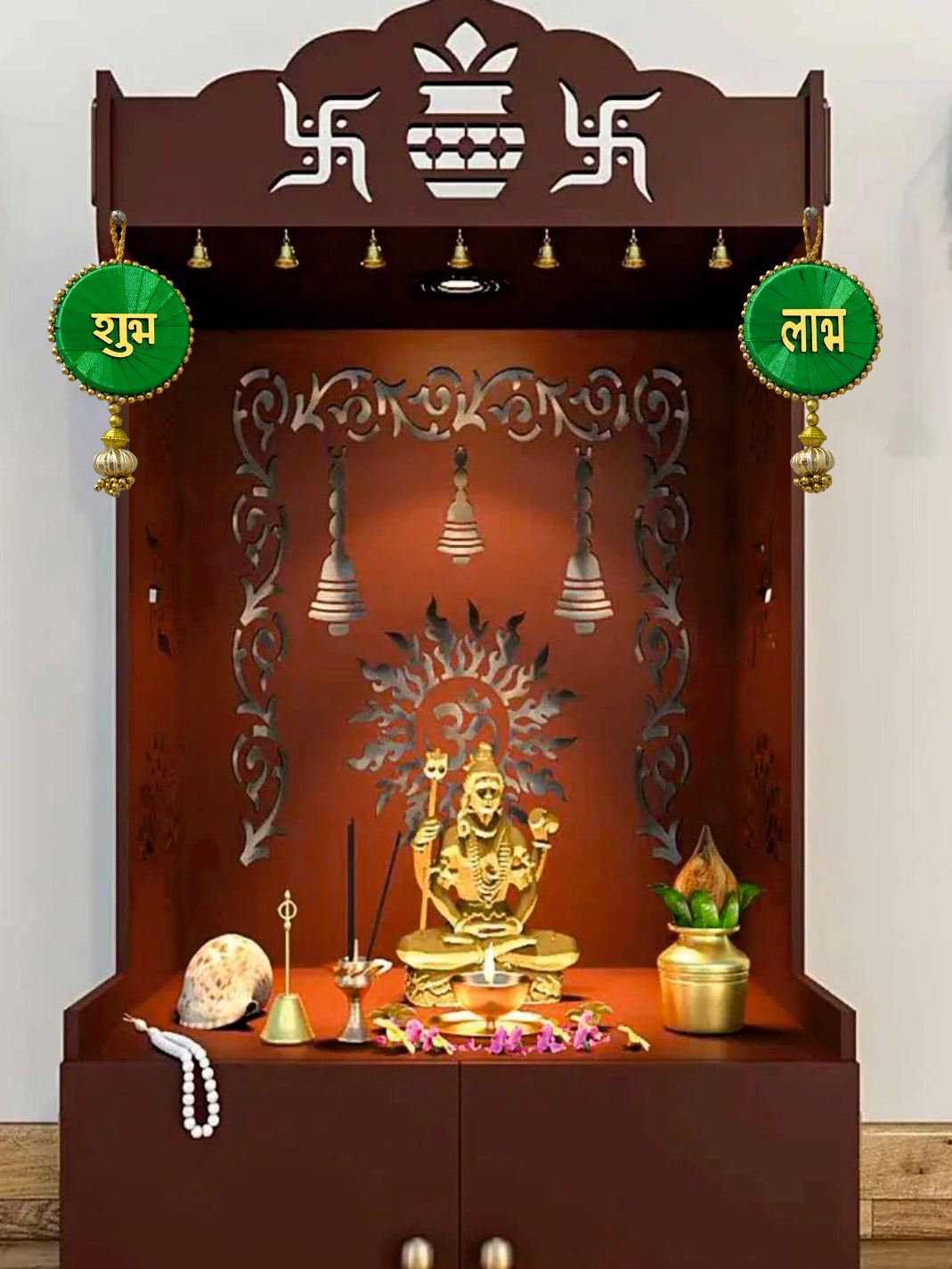 Smaran Cultural Shubh Labh Latkan – Handmade Traditional Decorative Hanging with Green & Gold Beads for Main Door, Wall, Pooja Room, Mandir, Festivals, Weddings
