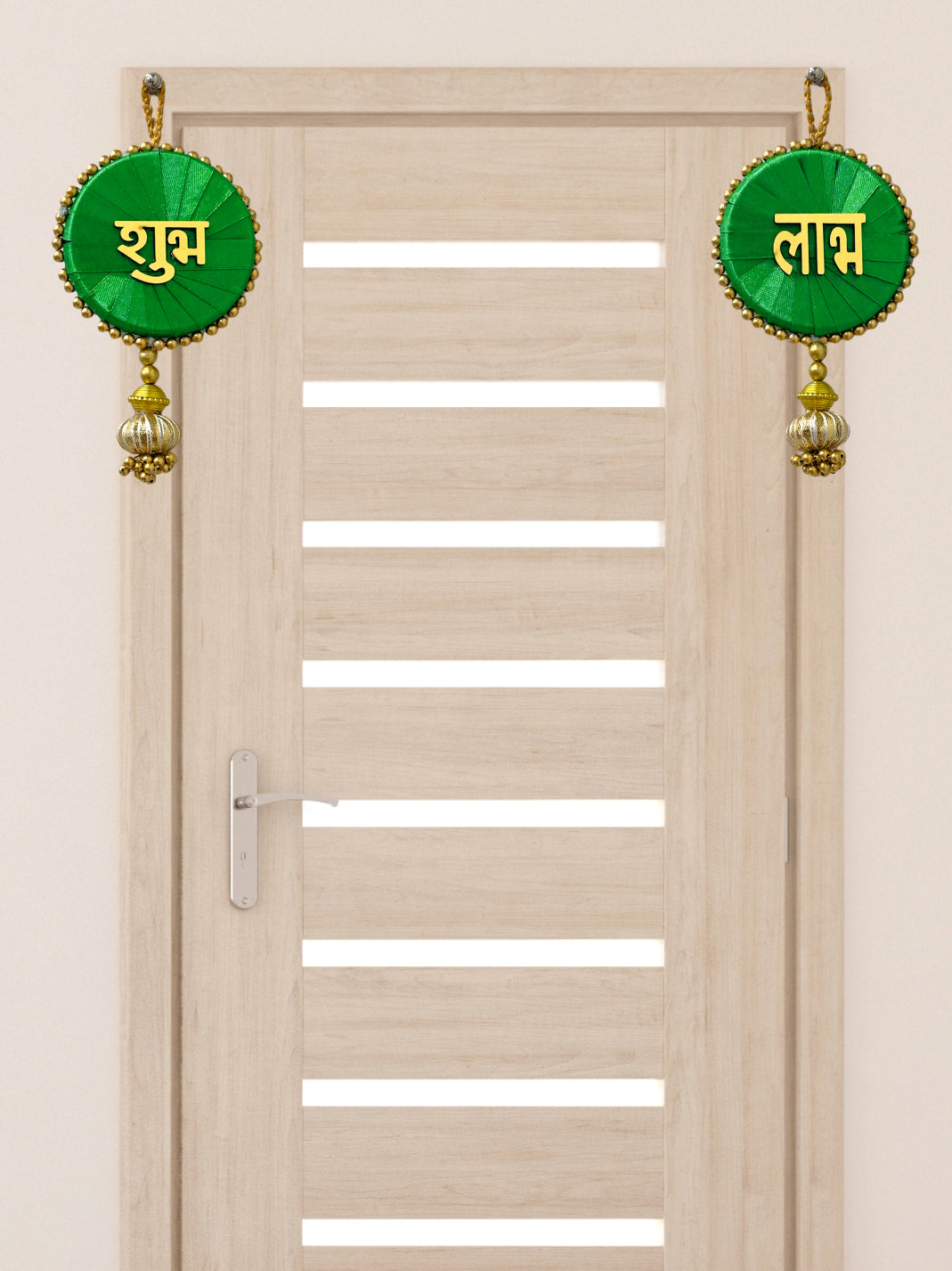 Smaran Cultural Shubh Labh Latkan – Handmade Traditional Decorative Hanging with Green & Gold Beads for Main Door, Wall, Pooja Room, Mandir, Festivals, Weddings