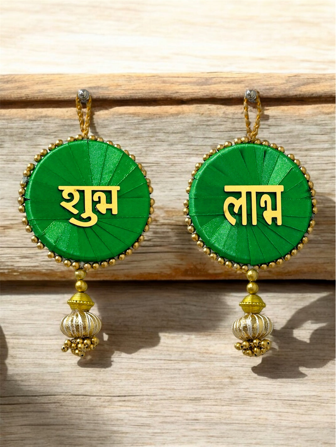 Smaran Cultural Shubh Labh Latkan – Handmade Traditional Decorative Hanging with Green & Gold Beads for Main Door, Wall, Pooja Room, Mandir, Festivals, Weddings