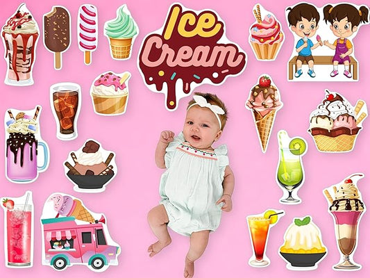 Baby surrounded by ice cream-themed stickers on a pink background