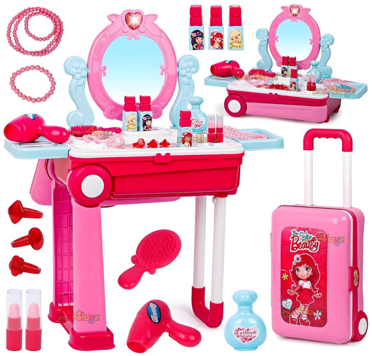 Todfod Beauty Makeup Kit for Doll Girls Cosmetic Set 2 in 1 Vanity Table Portable Trolley Pretend Play Set Toy with Make up Accessories for Kids Plastic (Pink) 21 Pieces