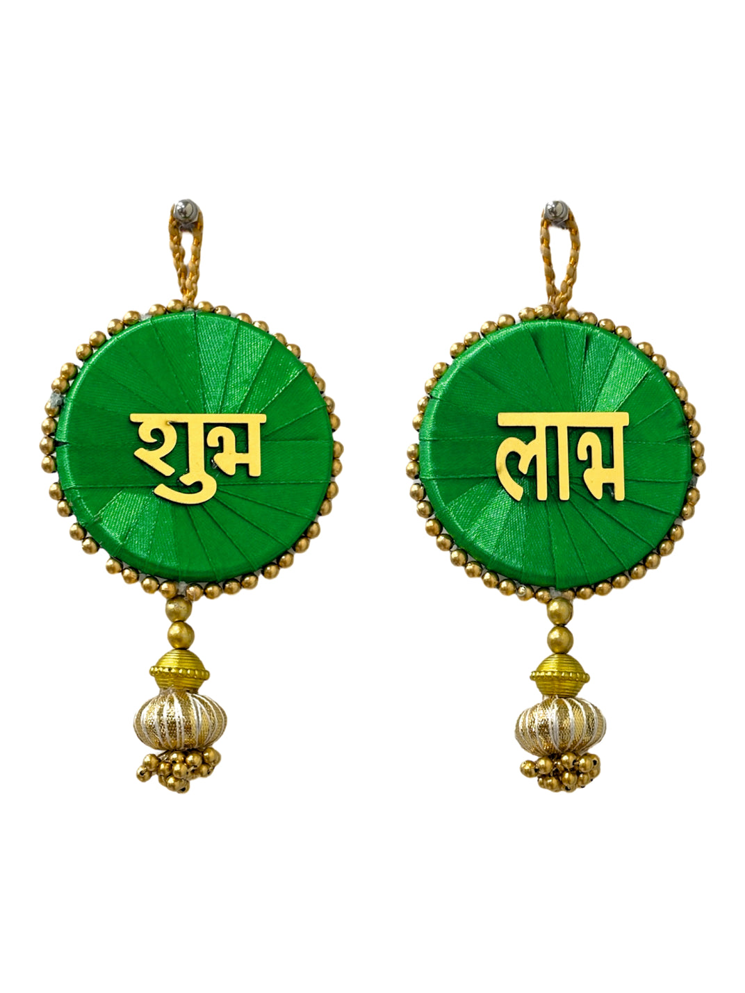 Smaran Cultural Shubh Labh Latkan – Handmade Traditional Decorative Hanging with Green & Gold Beads for Main Door, Wall, Pooja Room, Mandir, Festivals, Weddings