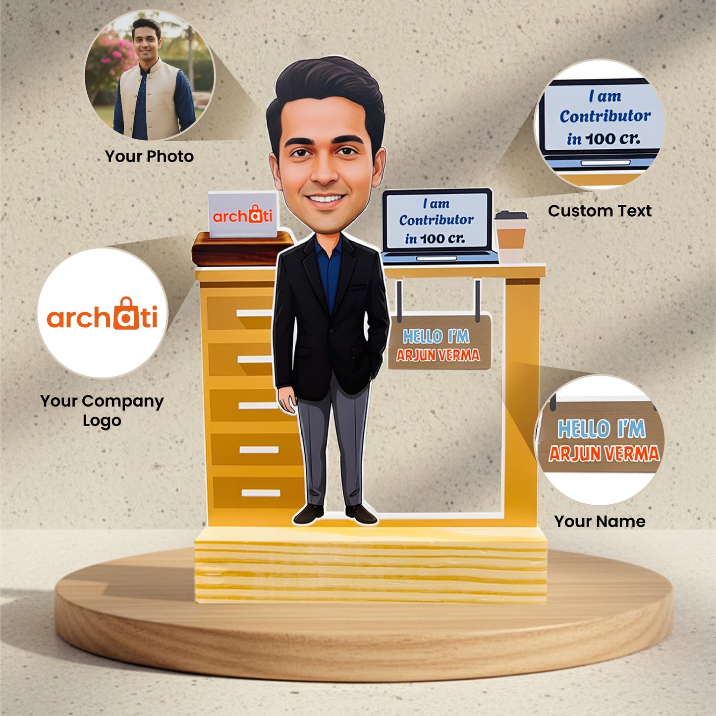 Personalized Corporate Caricature Desk Trophy – Custom Executive Figurine with Name & Achievemen