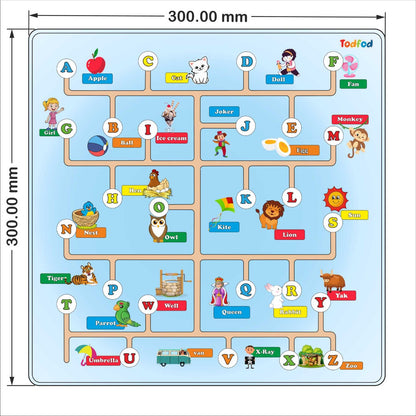 Educational alphabet mat with letters and illustrations for children, featuring Todfod brand.