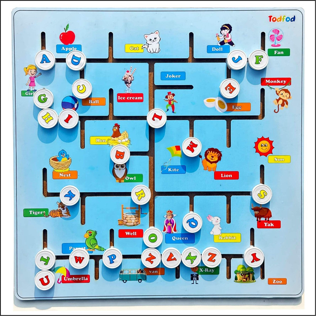 Children's educational board game with letters and animals on a blue background