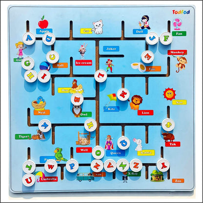 Children's educational board game with letters and animals on a blue background