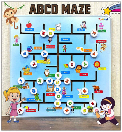 Todfod ABCD Wooden Sliding Maze Learning Toy for Kids Age 3,8, |26Piece Educational Brain Game, Alphabet Number Animal Puzzle for Toddlers Children